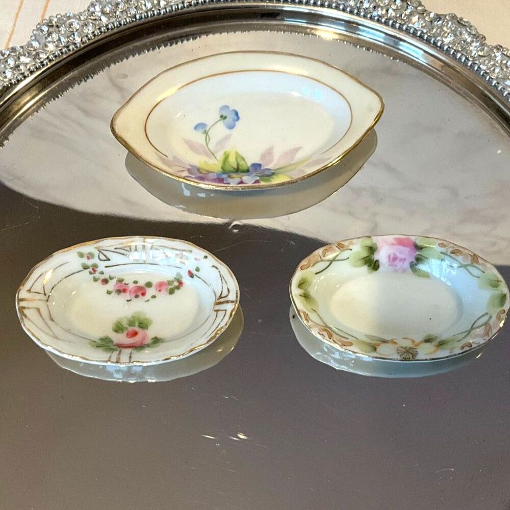 3 antique open salts, salt cellars; different patterns gorgeous tiny dishes